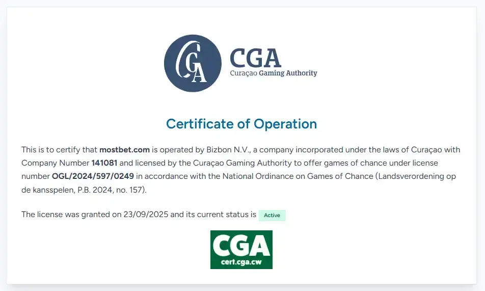 Curaçao Gaming Authority certificate for mostbet.com and Bizbon N.V.
