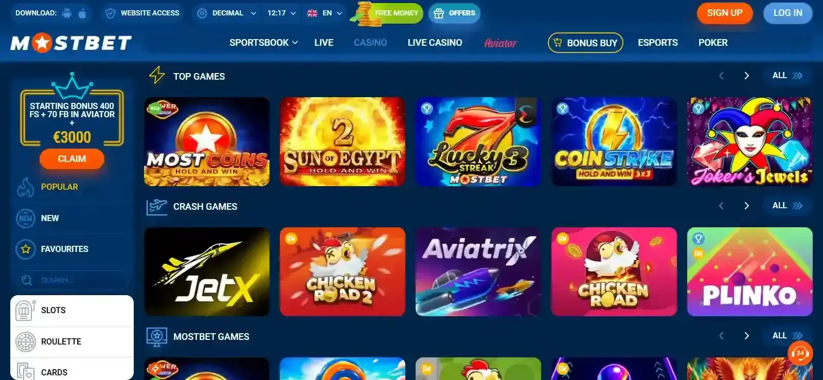 Mostbet casino lobby showing game categories and provider filters