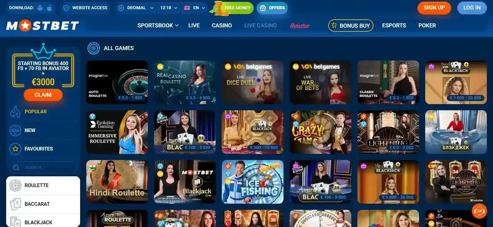 Mostbet live casino lobby or live dealer category screen